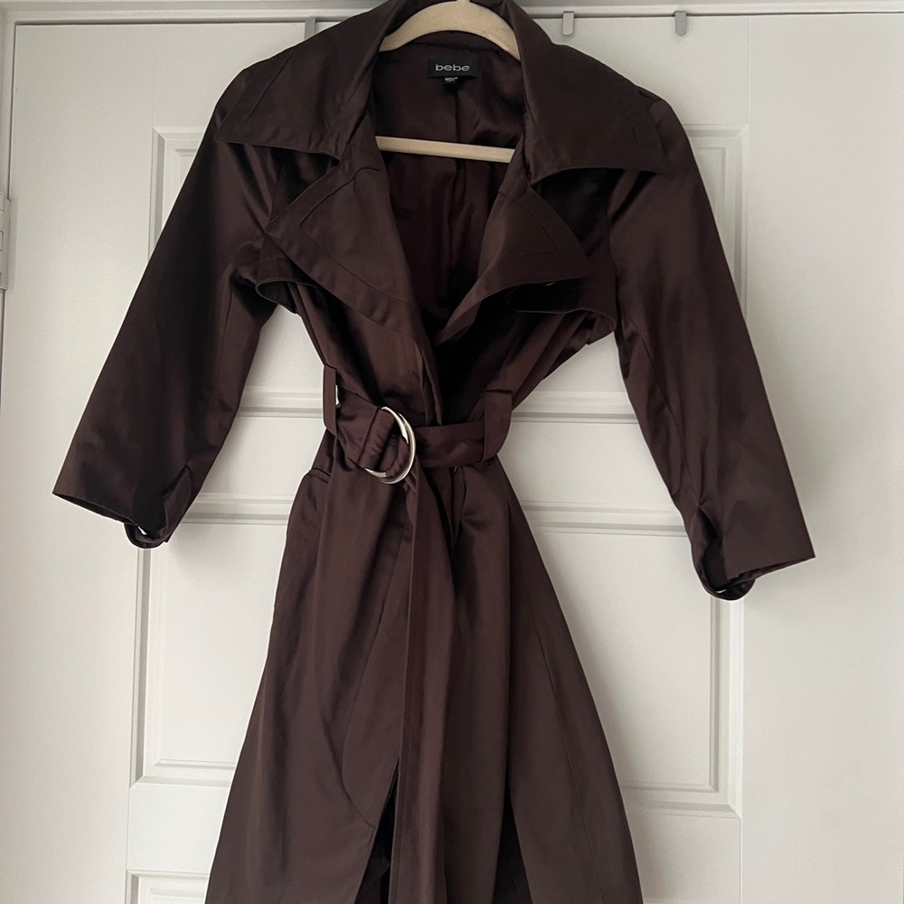 Bebe satin brown trench coat size small